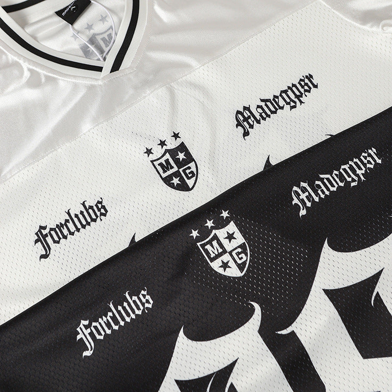 Satin Racing Print V-Neck Oversize Short Sleeve T-Shirt