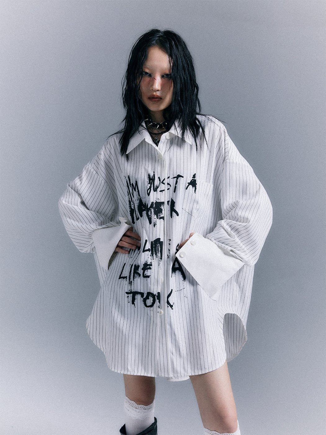 Graffiti Print Stripe Oversize Long Sleeve Shirt