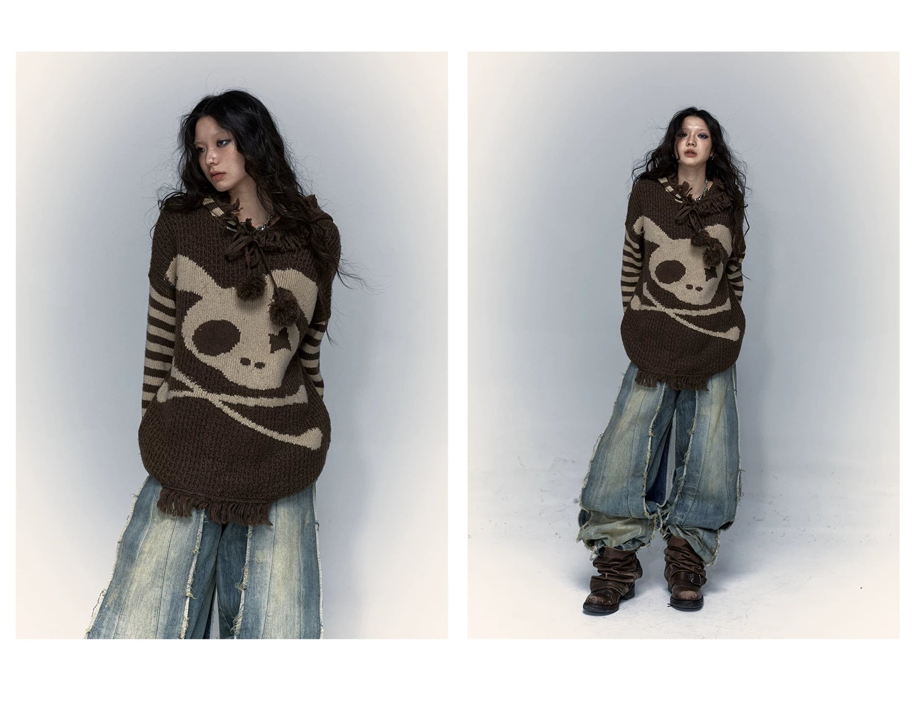 Skull Print Stripe Oversize Knit Hoodie