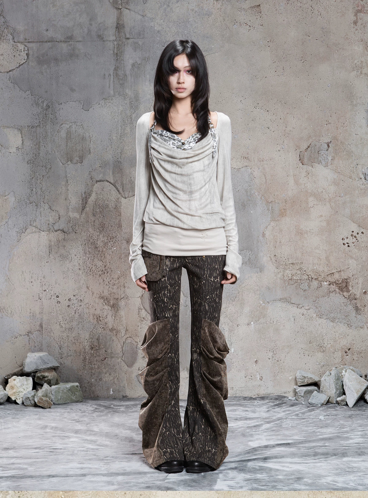 Fake Two-Piece Draped Pleated Mid- Length Slimming Long Sleeve T-Shirts