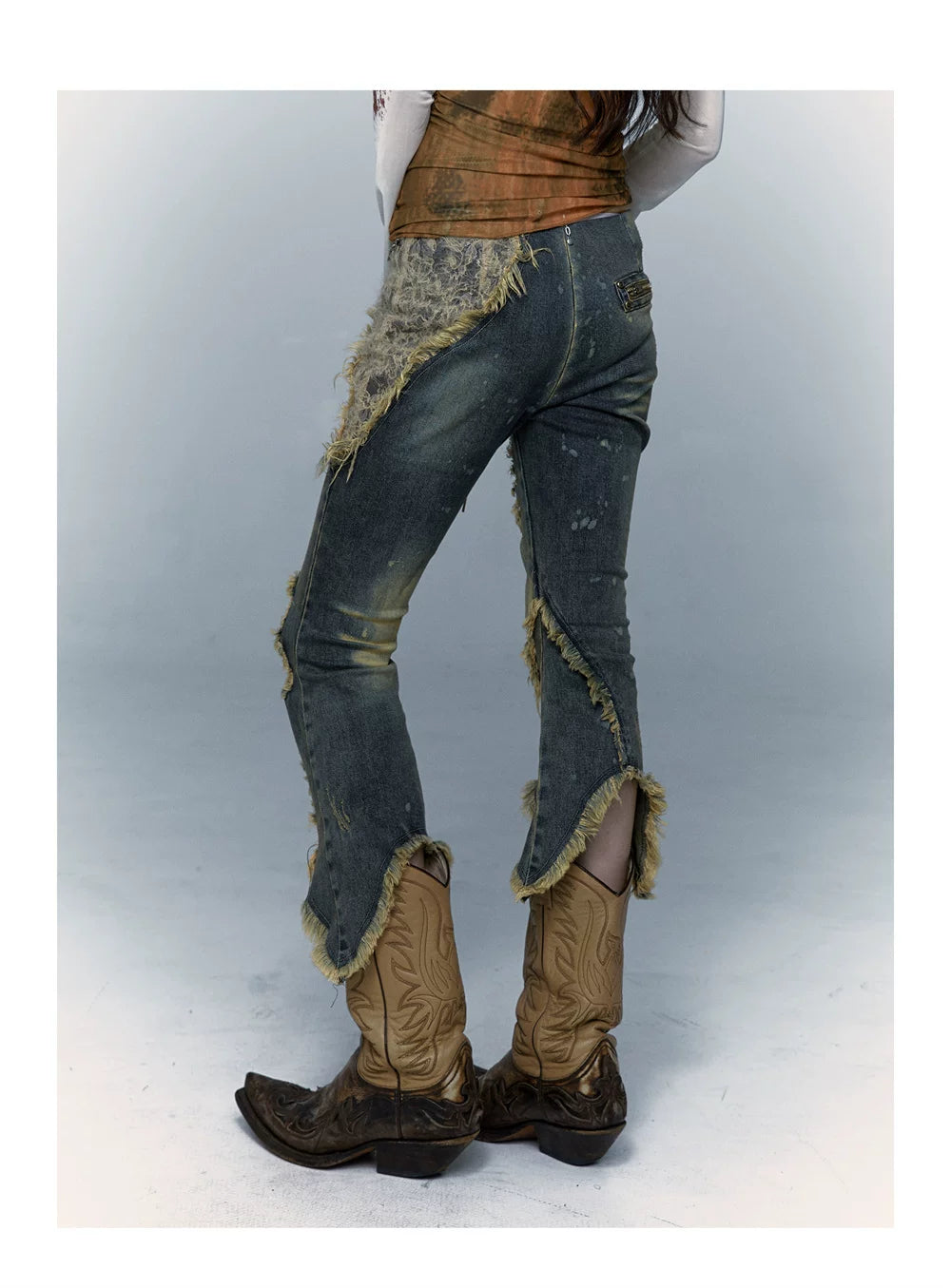 Damage Asymmetric Flare Denim Jeans
