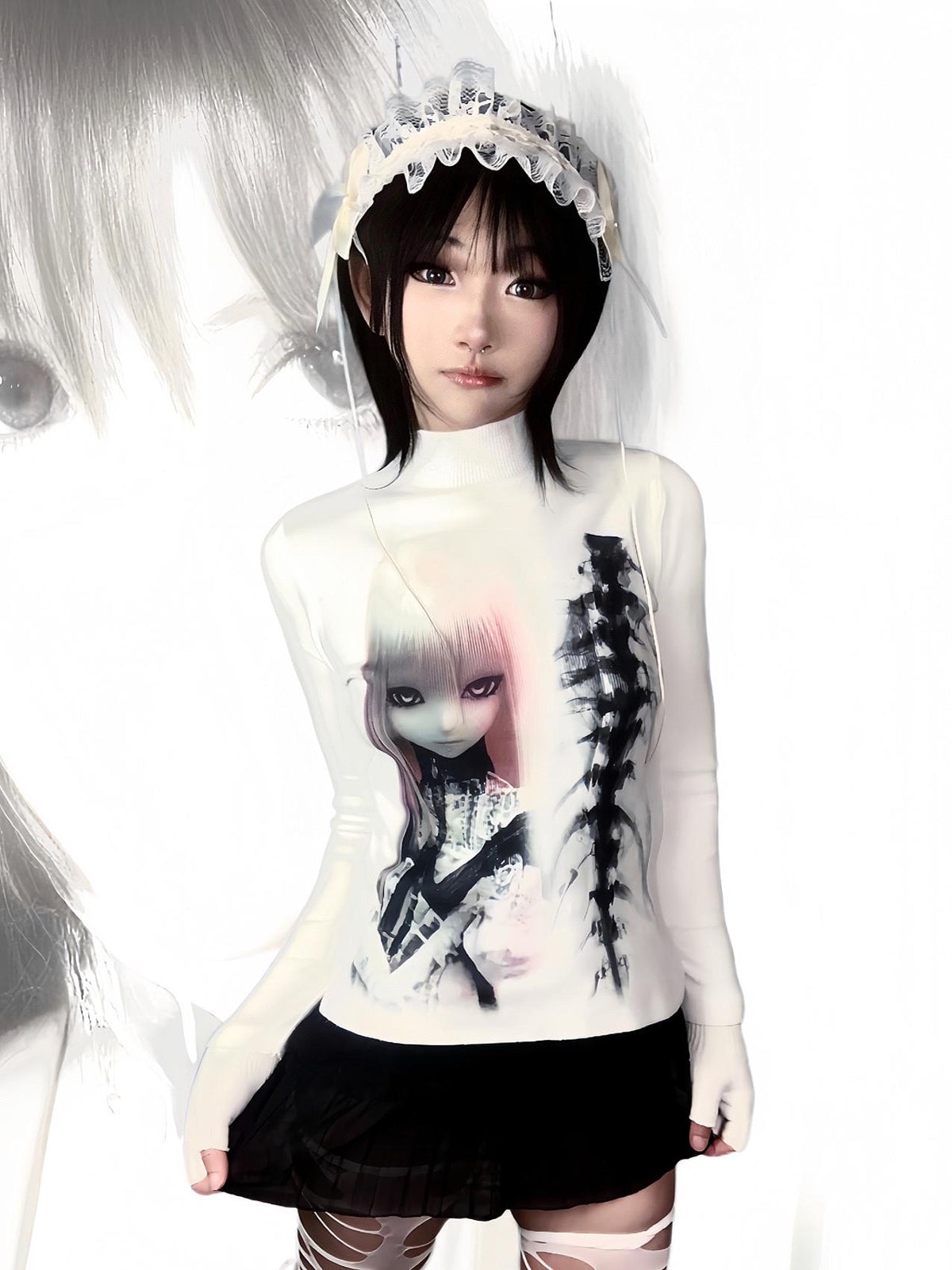 3D Doll Design High-Neck Knit Sweater