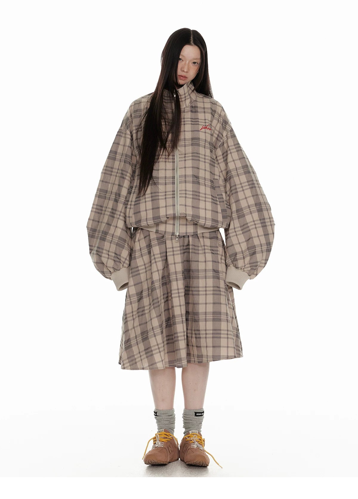 Hollow Star Stand Neck Recersible Jacket & Recersible Plaid Skirt Setup