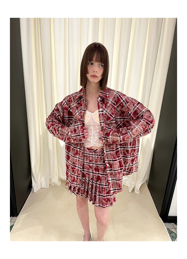 Checkered Washed Oversize Long Sleeve Shirt & Pleated Short Skirt Setup