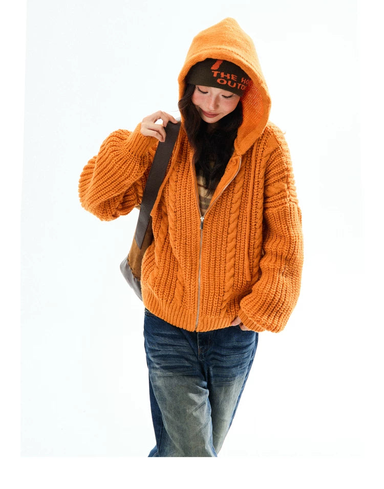 Chunky Knit Zipper Hooded Oversize Cardigan