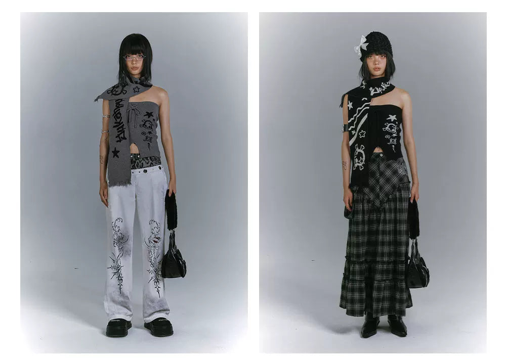 Graphic Print Off-Shoulder Top & Letter Print Scarf