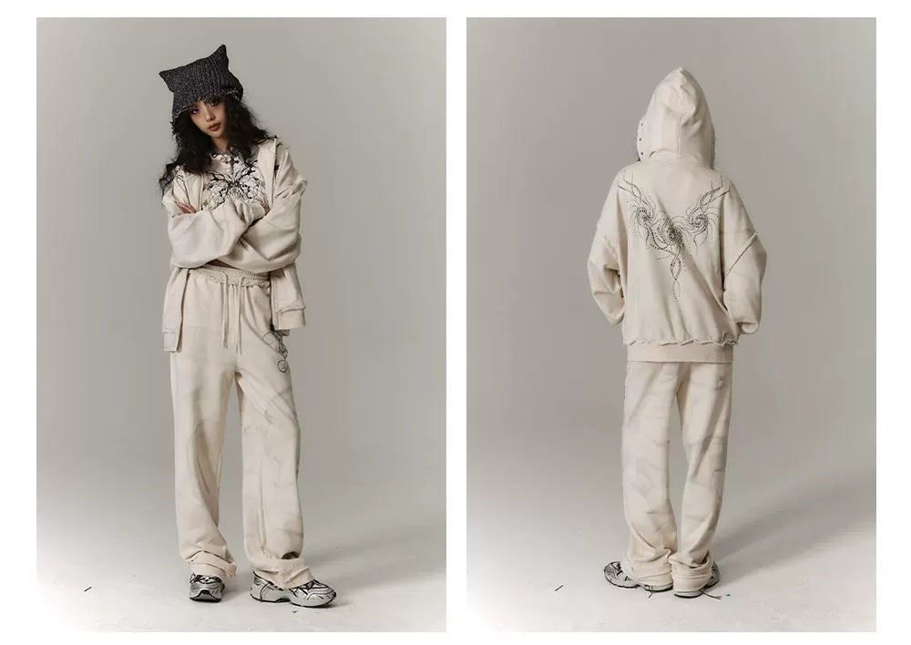Washed Damage Oversize Zipper Hoodie & Wide Leg Pants Setup