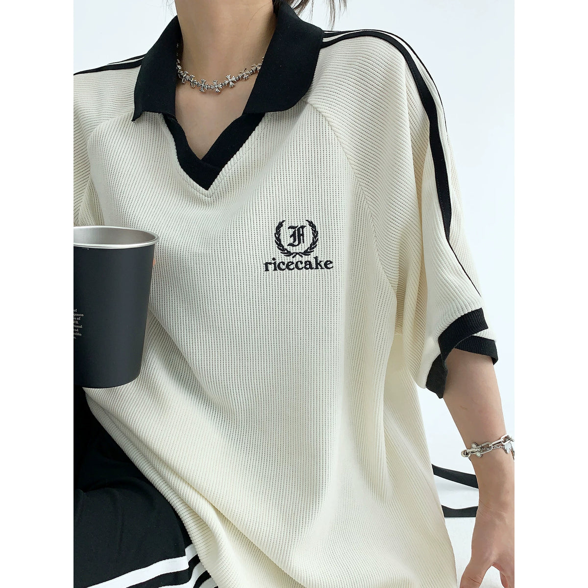 Oversize V-Neck Short Sleeve Polo Shirt