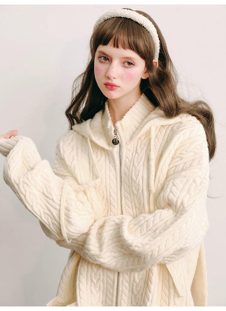 Bunny Hare Ear Hooded Zipper Knit Cardigan & Knit Skirt Setup