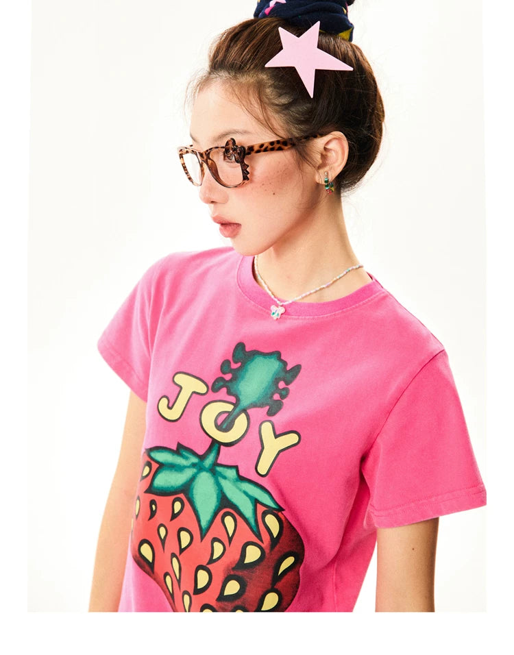 Strawberry Print Cropped Short Sleeve T-Shirt