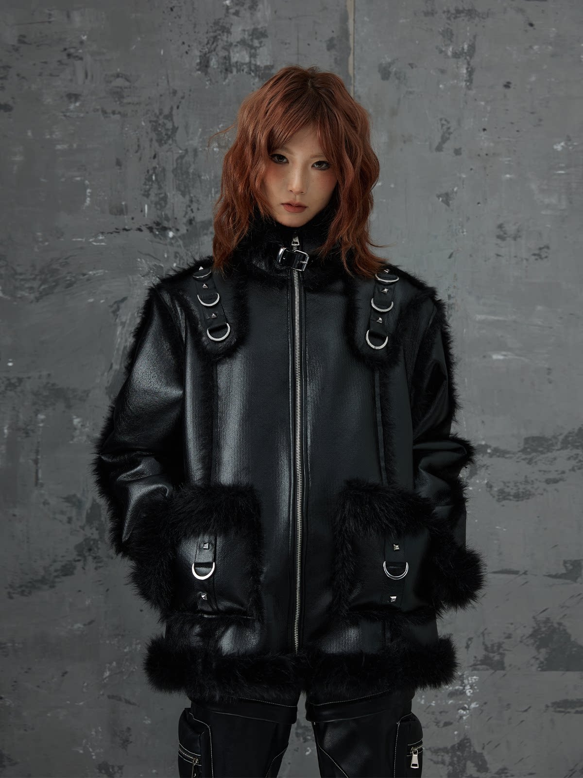 Punk Oversize Metal-Accent Shearling Jacket