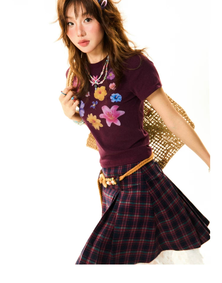 Flower Print Cropped Short Sleeve T-Shirt