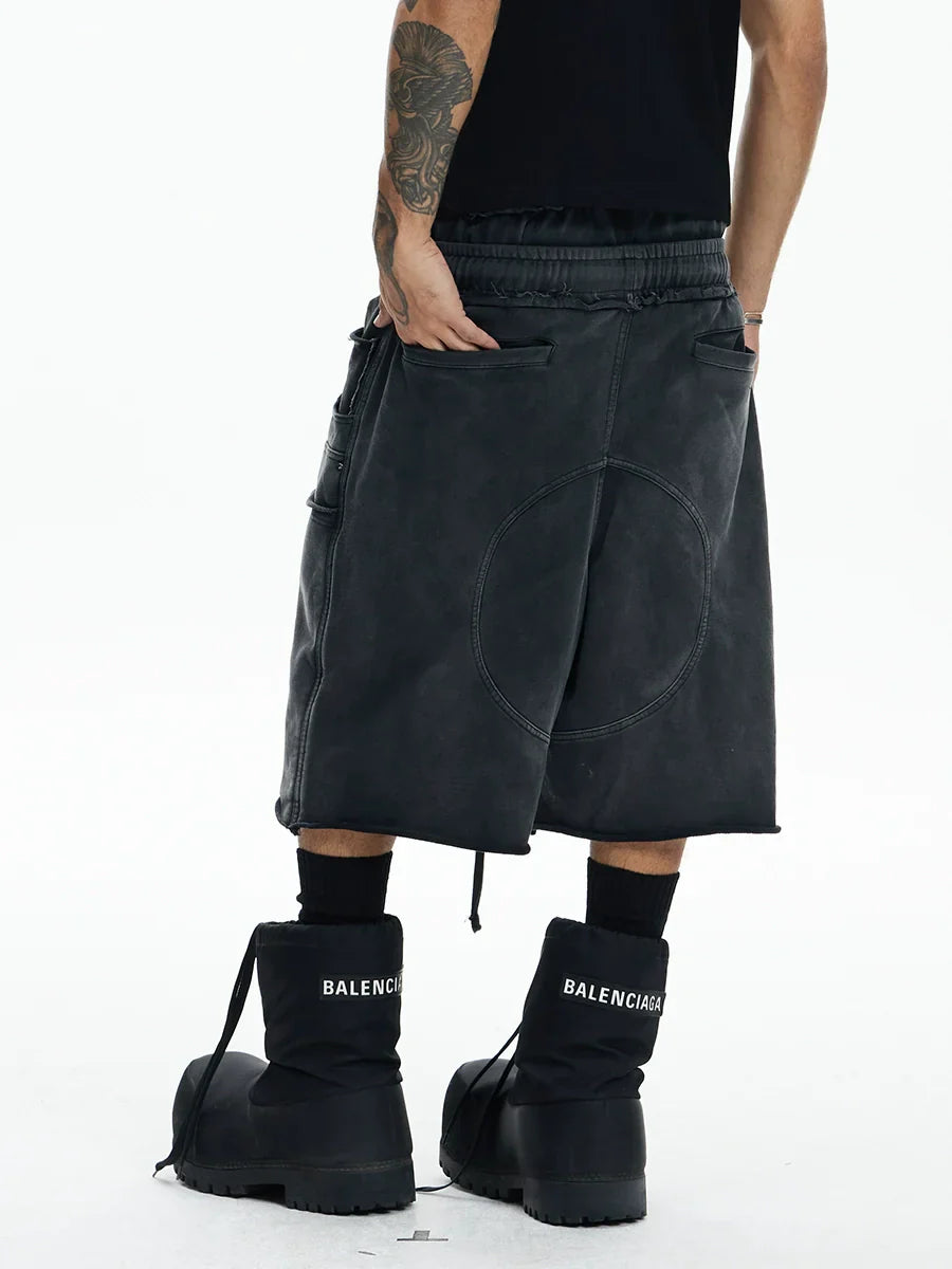 Deconstructed Double Waist Washed Wide Leg Half Sweatpants