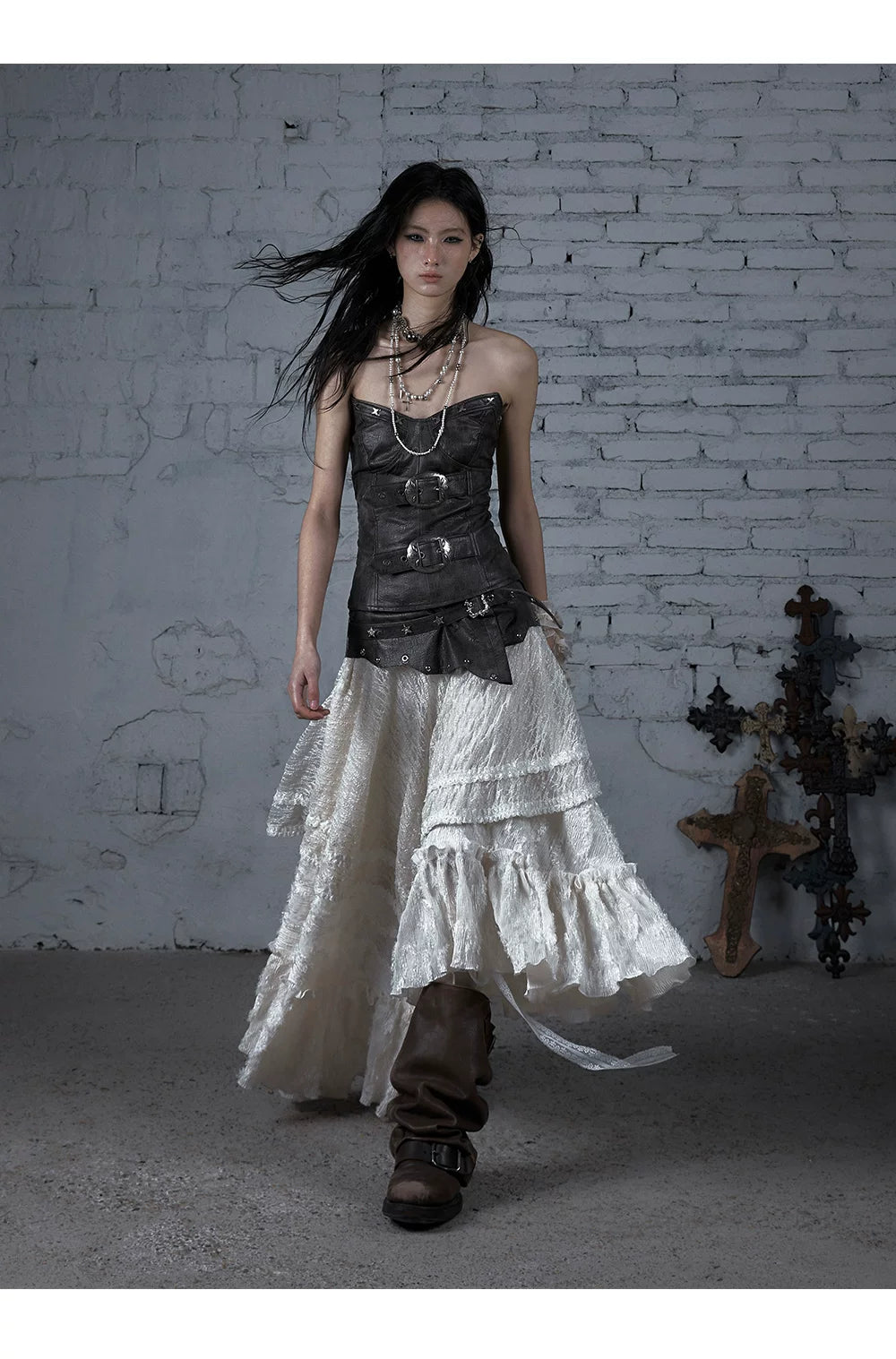 Asymmetric Lace Layered Belt Detail Skirt