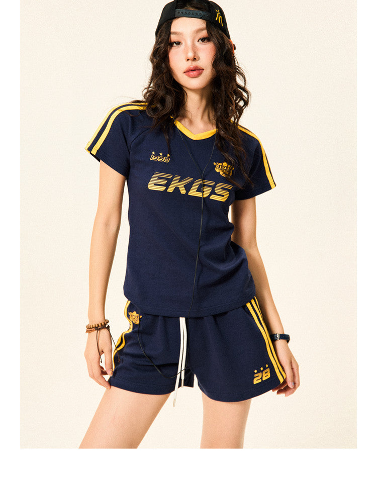 Stripe Letter Print Short Sleeve T-Shirt & Short Pants Setup