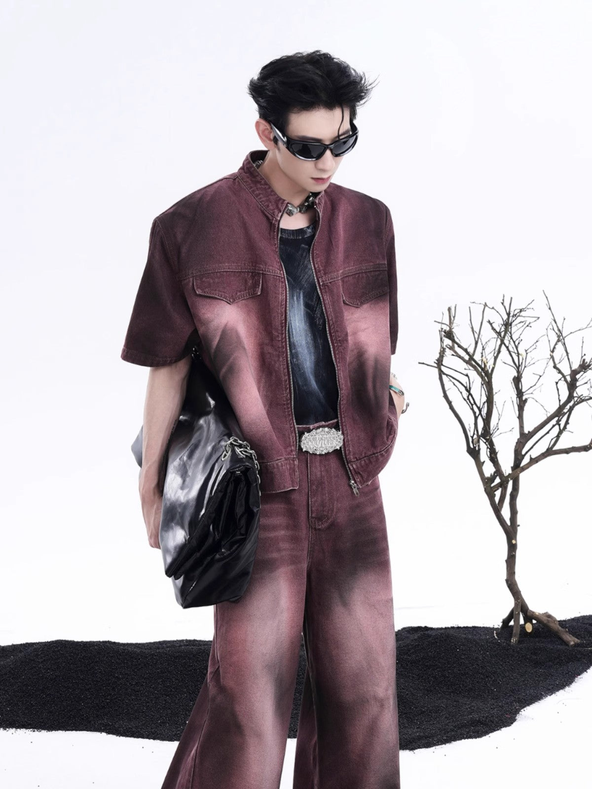 Zipper Short Sleeve Shoulder Padded Denim Jacket & Wide-Leg Straight Denim Jeans Setup