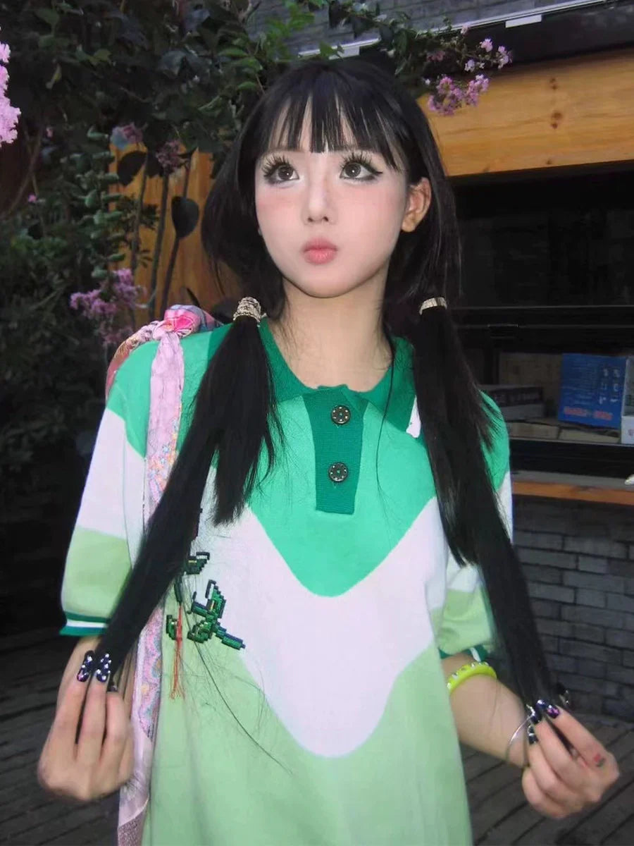 Floral Embroidery Patchwork Oversize Knit Polo Shirt