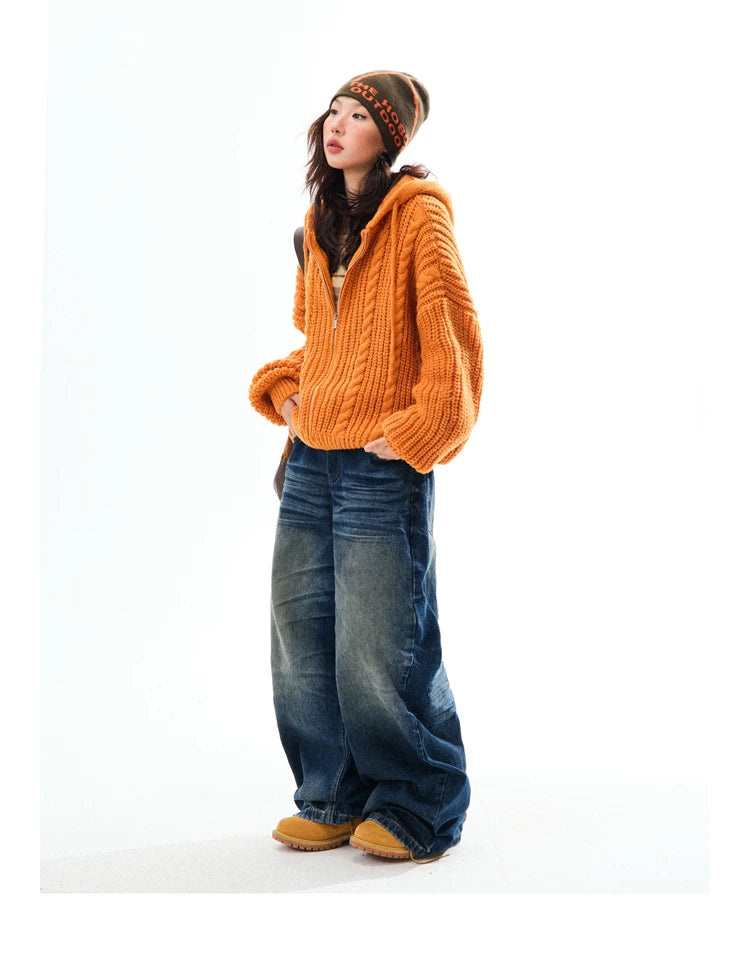 Chunky Knit Zipper Hooded Oversize Cardigan