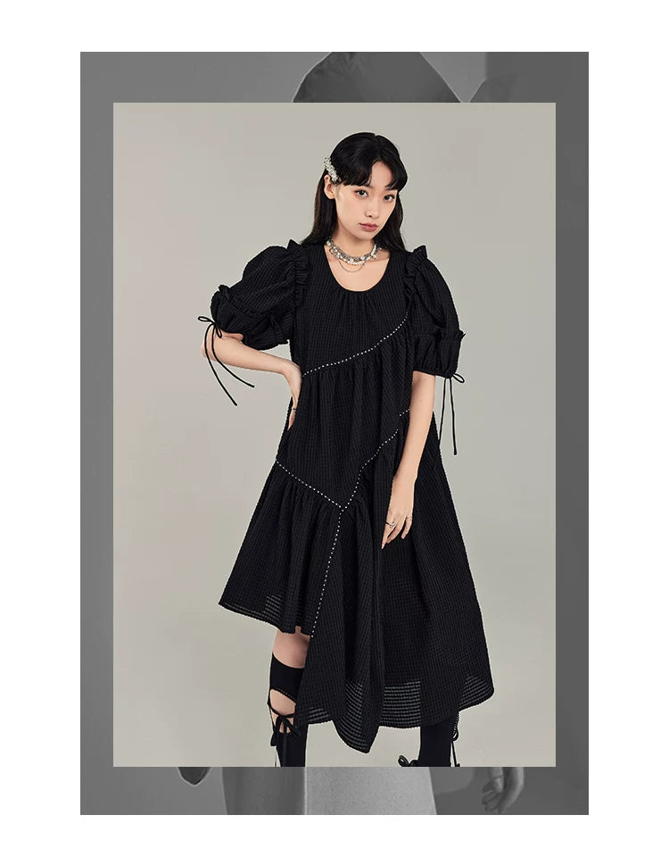 Jacquard Design Short Sleeve Dress With Irregular Hem Length