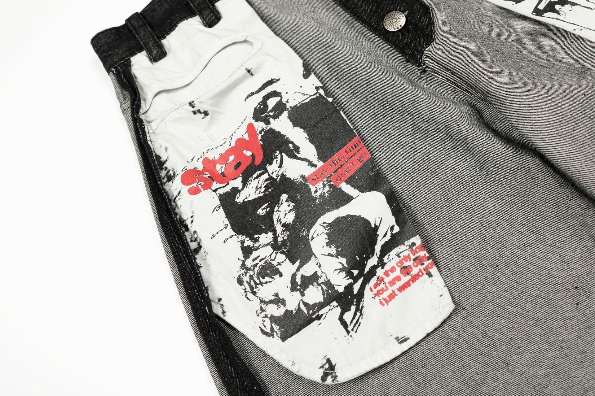 Print Deconstruction Wide Leg Denim Jeans