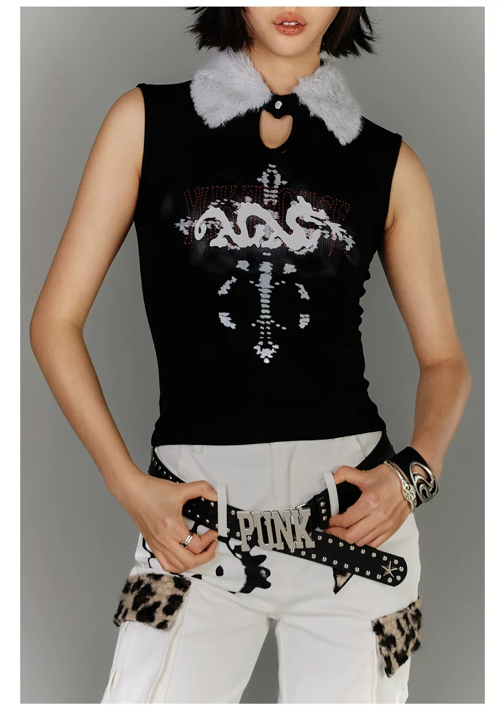 Fake Fur Collar Ribbed Graphic Print Sleeveless T-Shirt