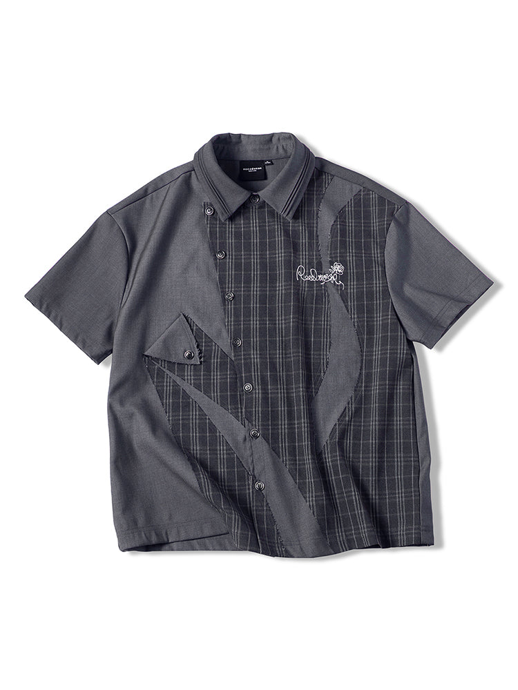 Patchwork Embroidery Asymmetric Oversize Short Sleeve Shirt