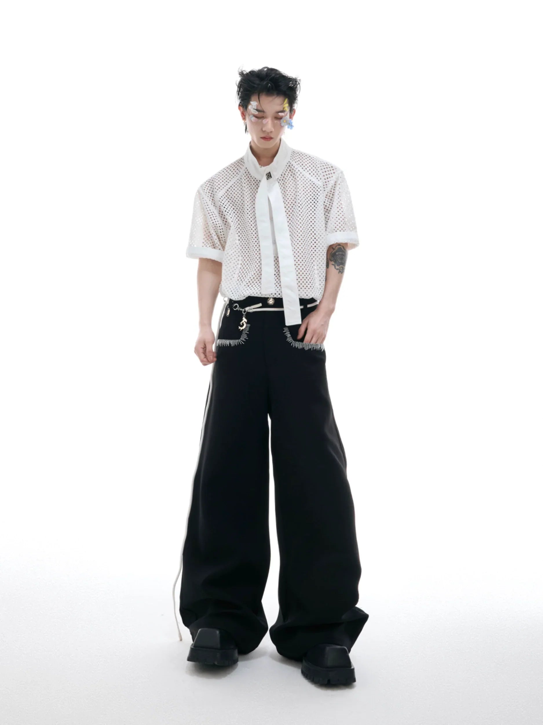 Knit Mesh Necktie Patchwork Short Sleeve Shirt