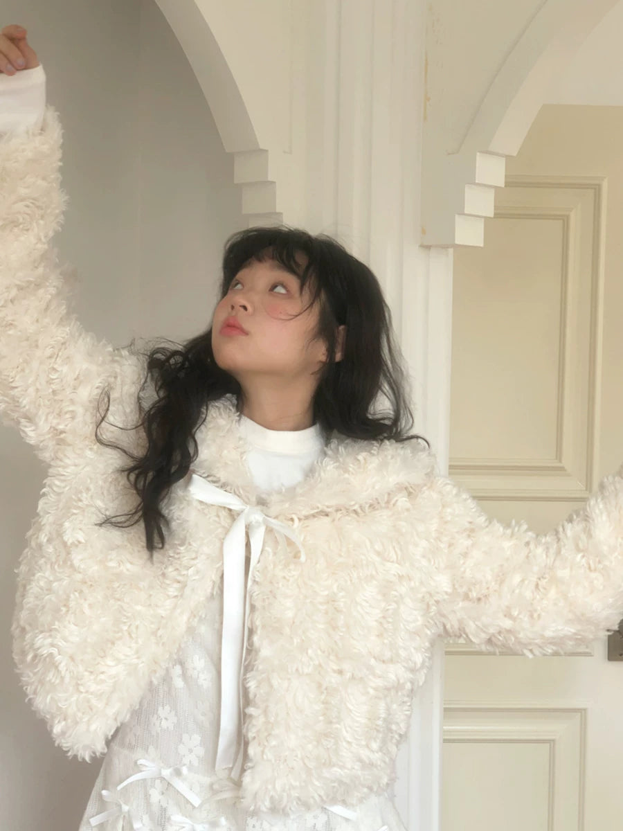 Fake Fur Bow Tie Plush Jacket