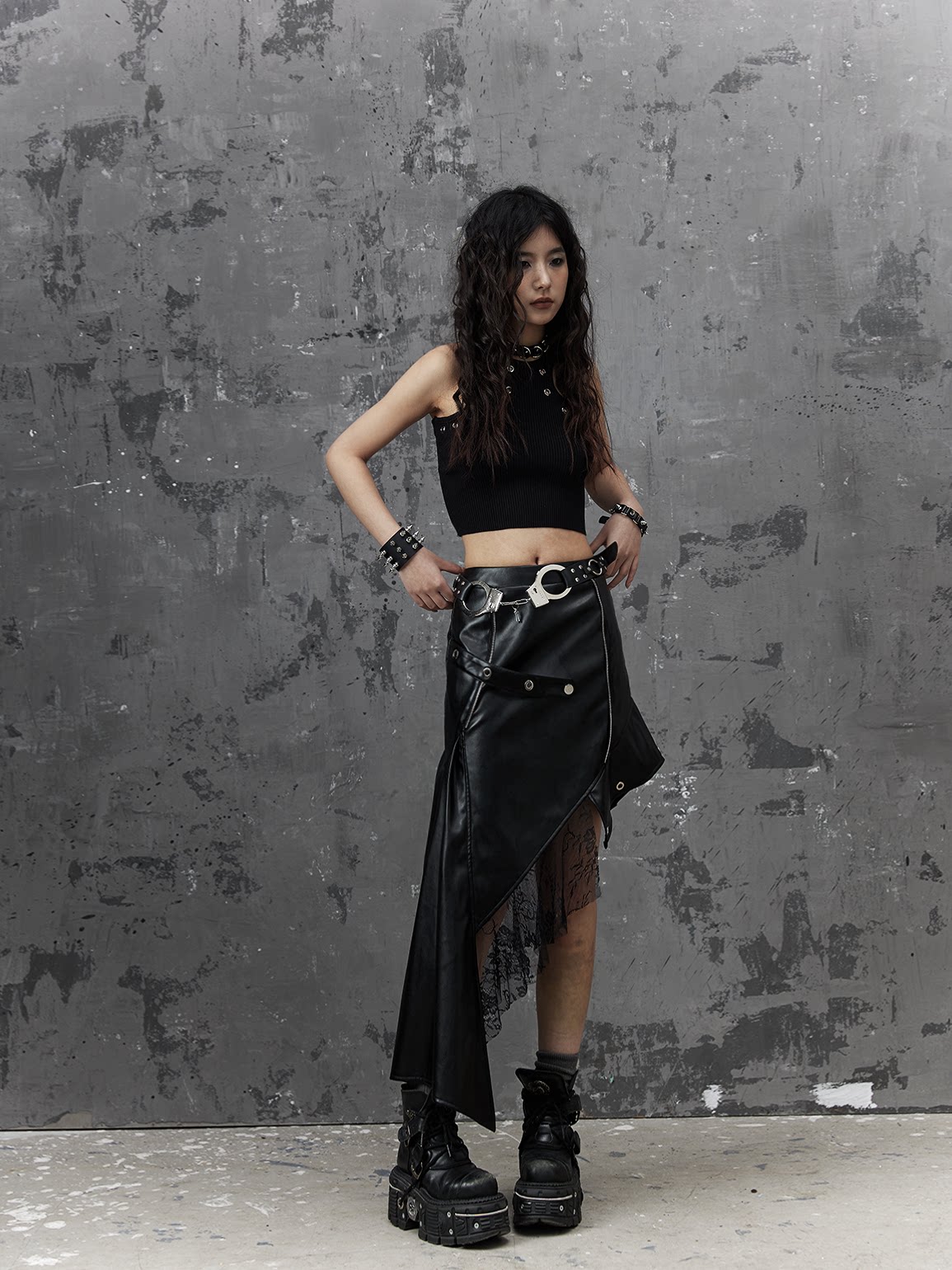 Asymmetric PU Leather Mesh Patchwork Skirt
