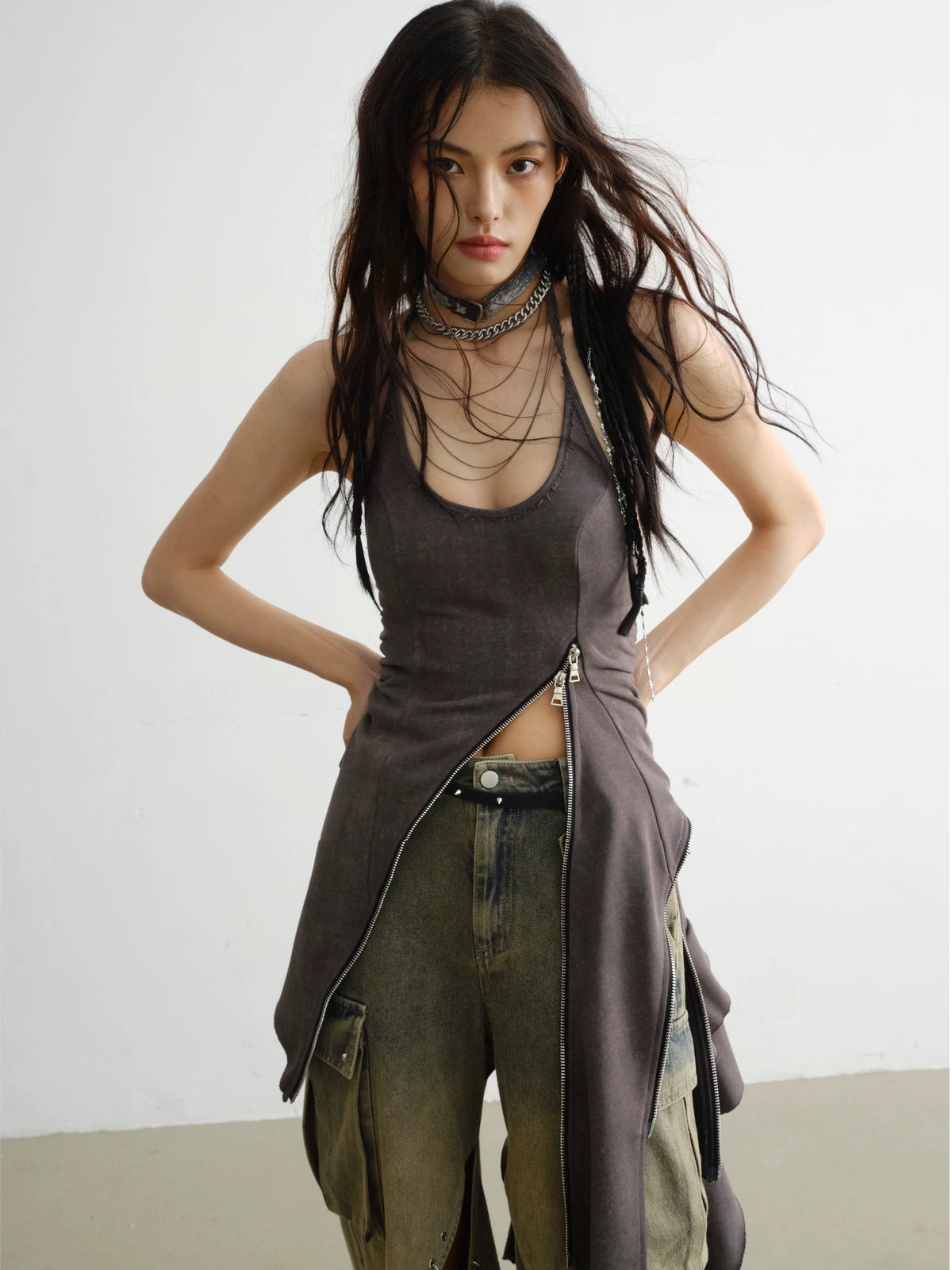 Zipper Decoration Ruffled Edge Dress