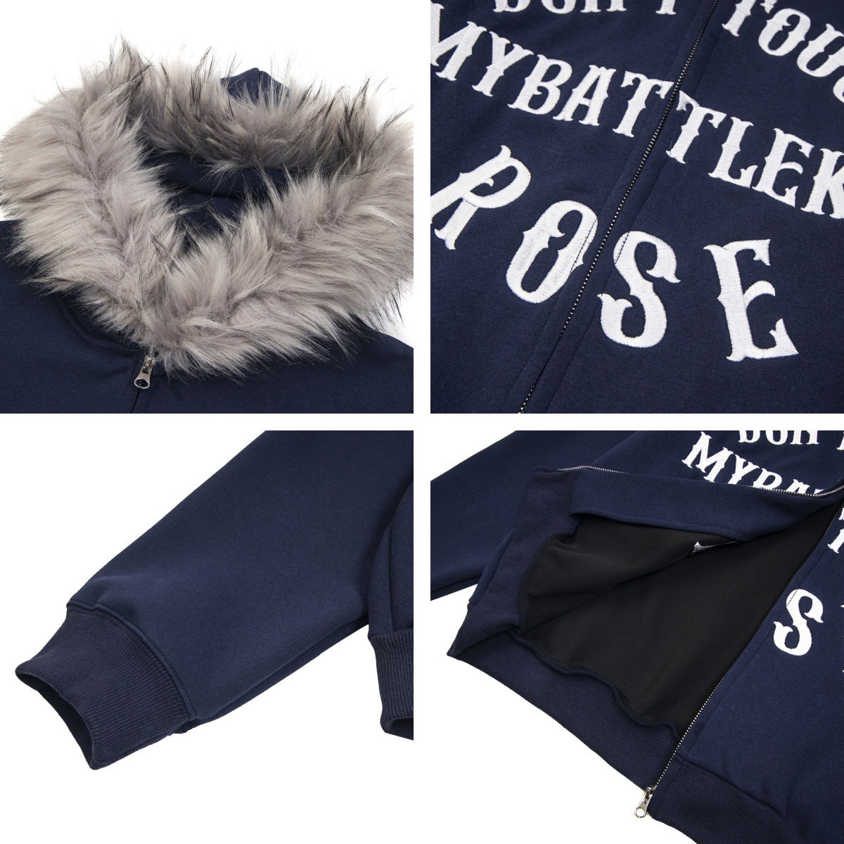 Letter Embroidery Fur Collar Oversize Pullover Hoodie