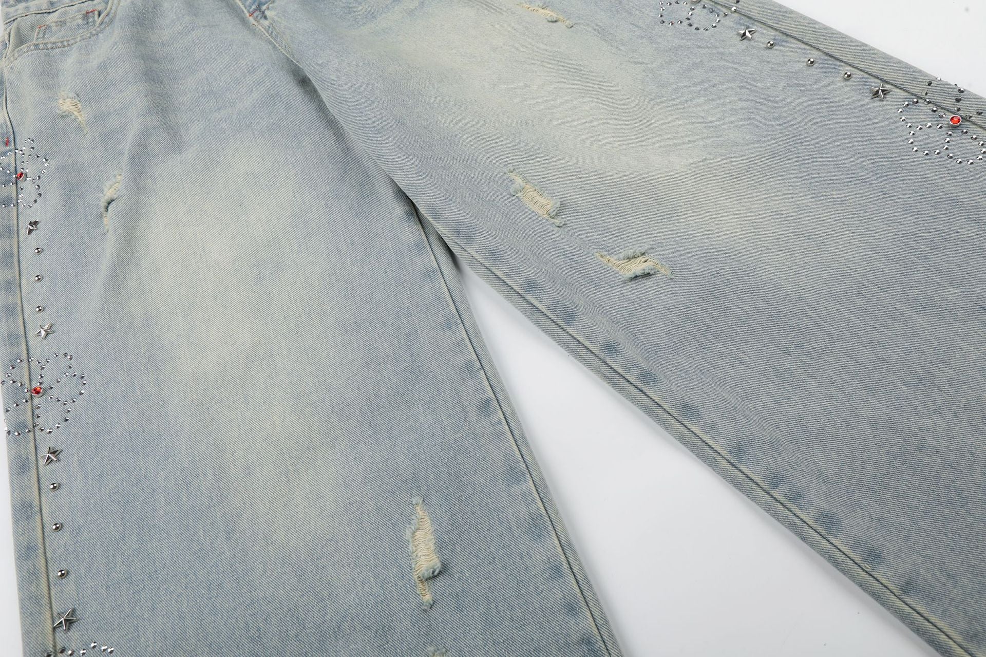 Washed Paint Studs Detail Wide Leg Denim Jeans