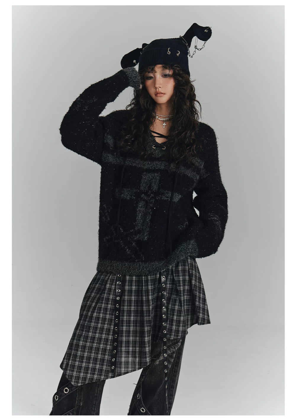 Cross Detail Drawstring Oversize V-Neck Knit Sweater