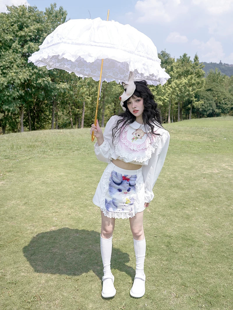 Graphic Print Lace Ruffle Skirt