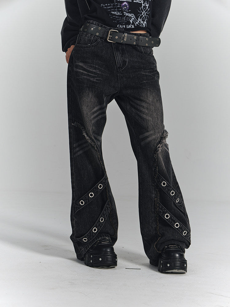 Washed Frayed Wide-Leg Straight Denim Jeans