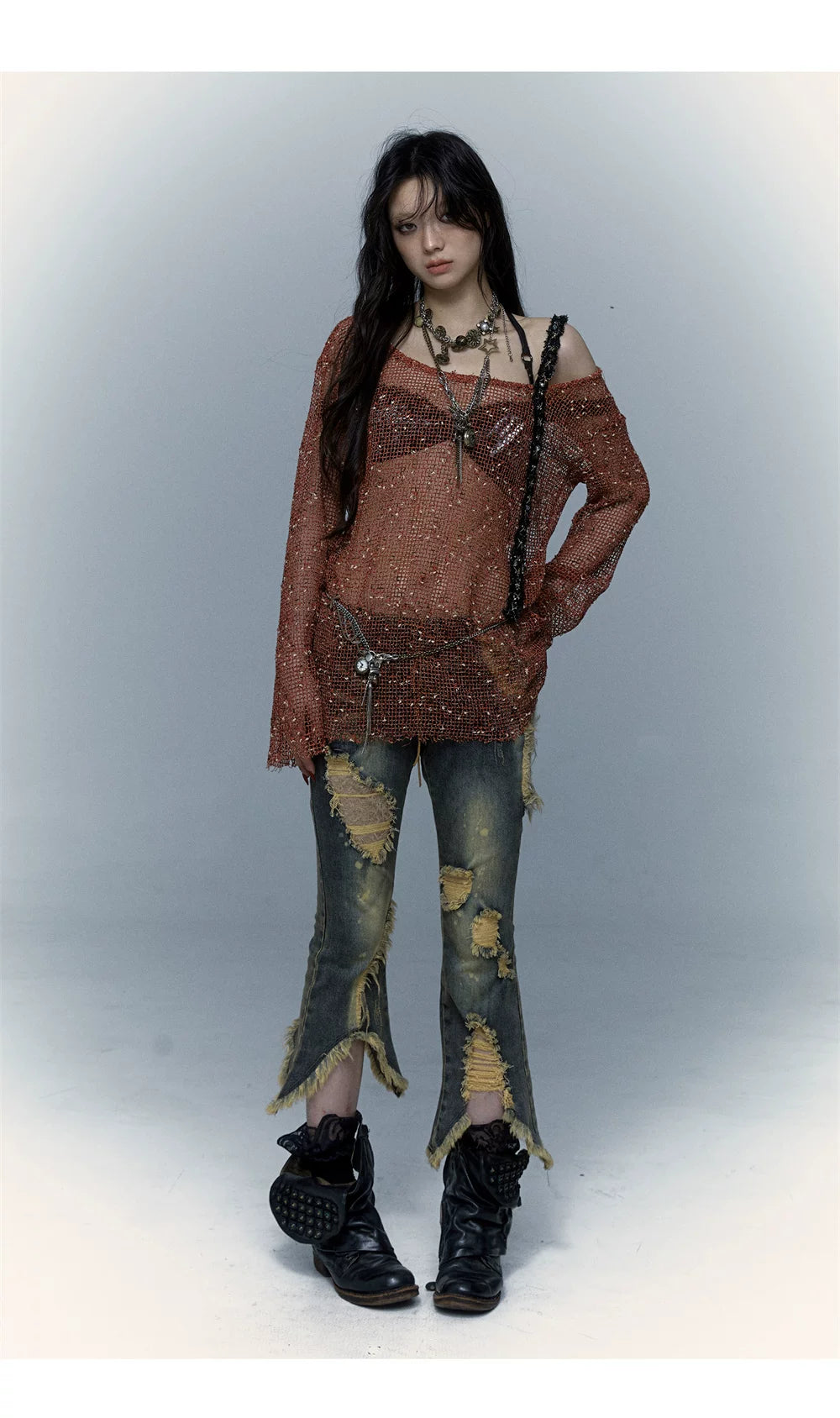 Damage Asymmetric Flare Denim Jeans