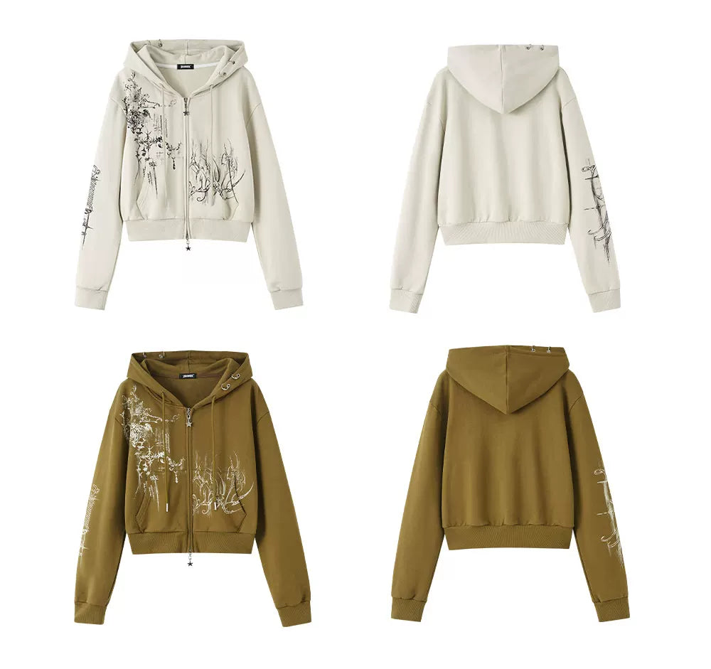 Cropped Graphic Print Zipper Hoodie
