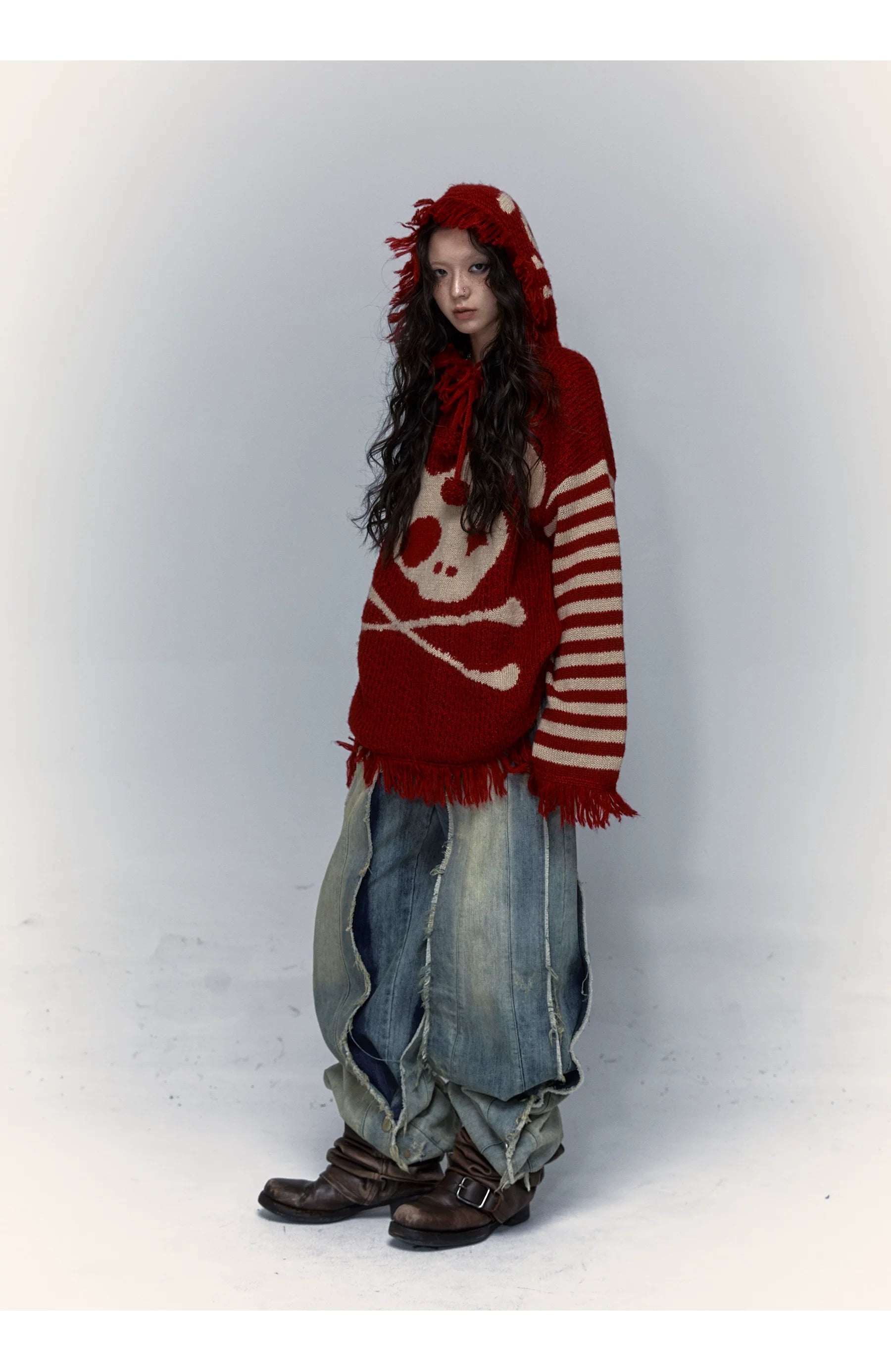 Skull Print Stripe Oversize Knit Hoodie