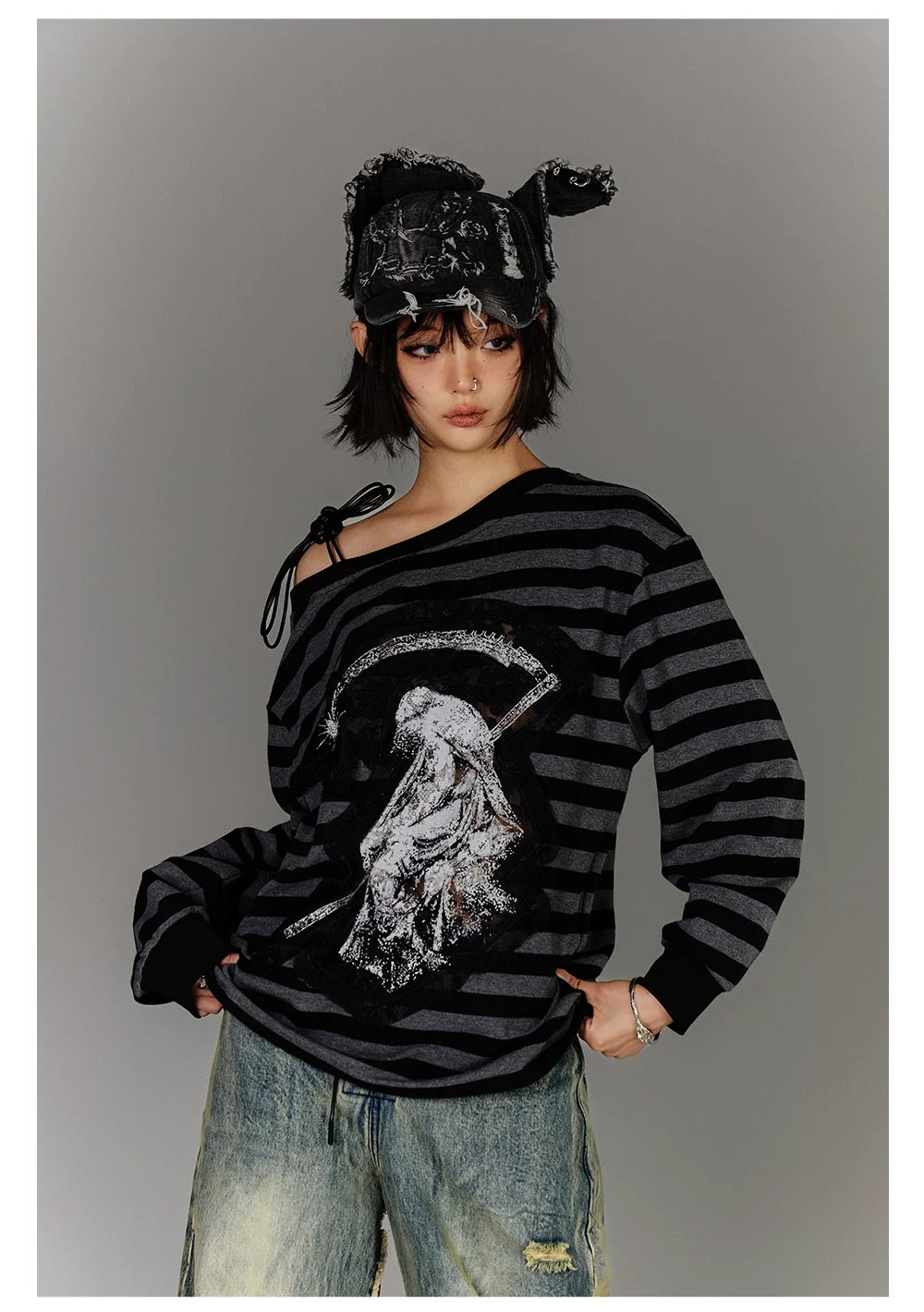 Off-Shoulder Drawstring Stripe Oversize Long Sleeve T-Shirt