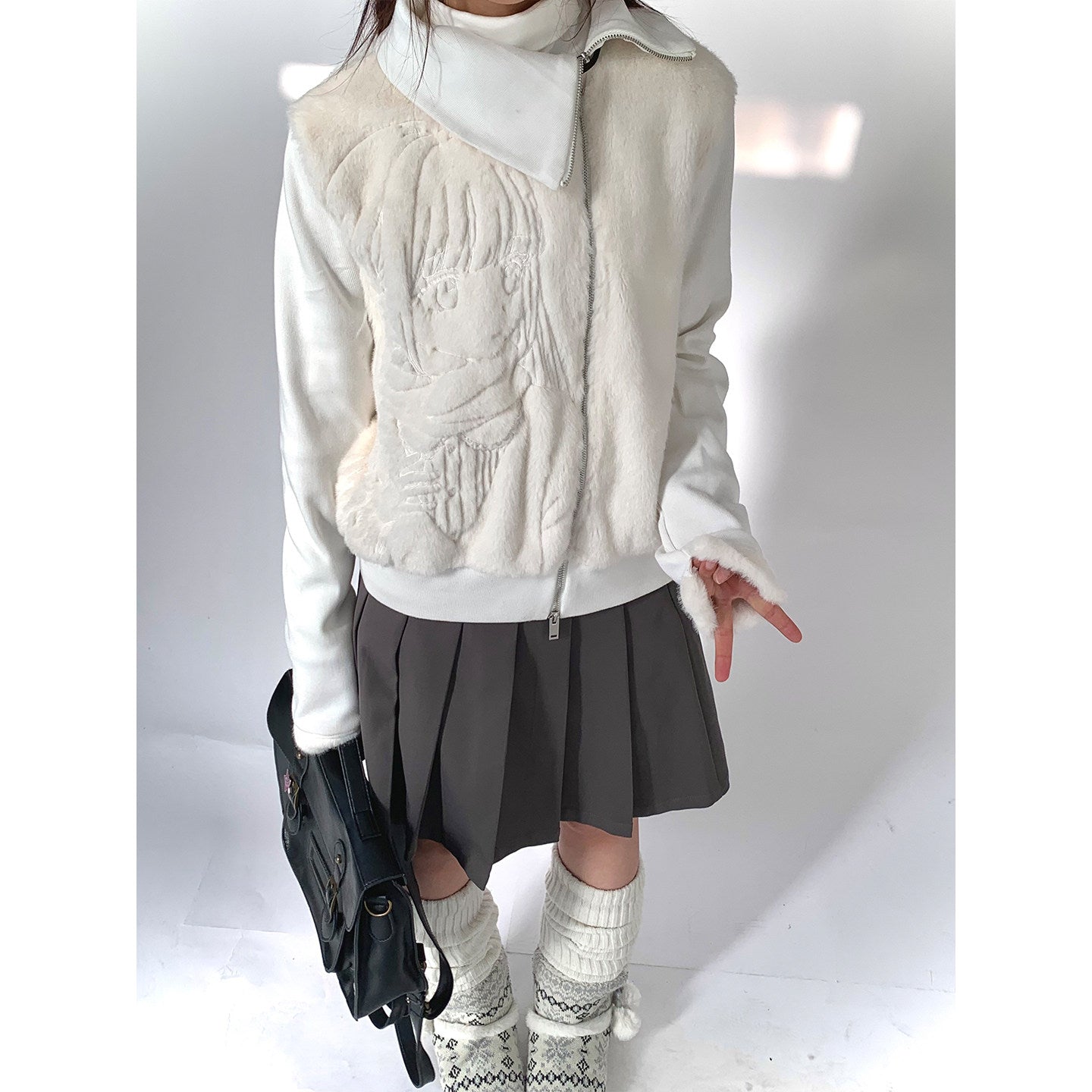Fleece Embroidery Asymmetrical Zipper Jacket