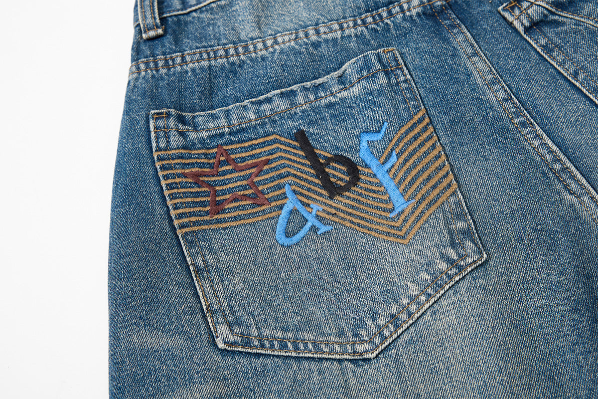 Embroidery Curved Wide Leg Denim Jeans