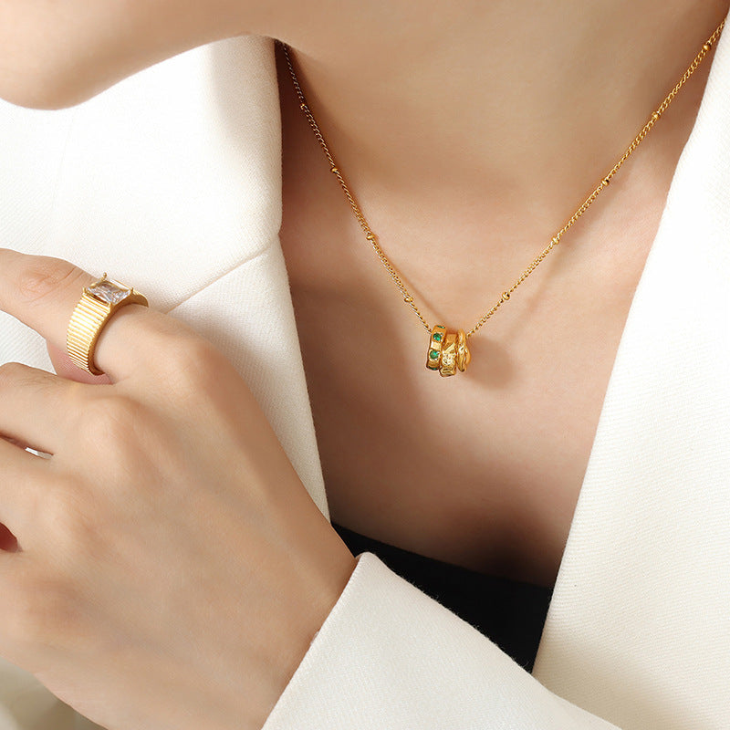 Gold Plated Interlocking Circles Pendant Necklace with Green Gemstones, Fashionable Jewelry for Women, Trendy Layered Necklace Design, Popular Choice for Gifts, Best Seller in Stylish Accessories, Ideal for Layering.