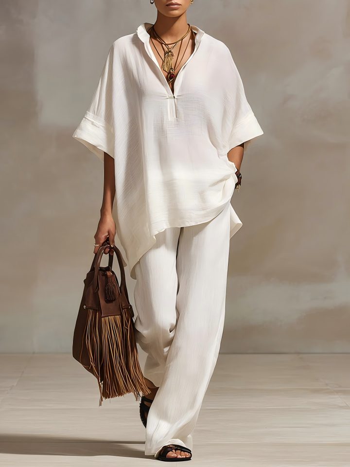 2 Piece Summer Set Loose V Neck Batwing Top & Wide Leg Pants