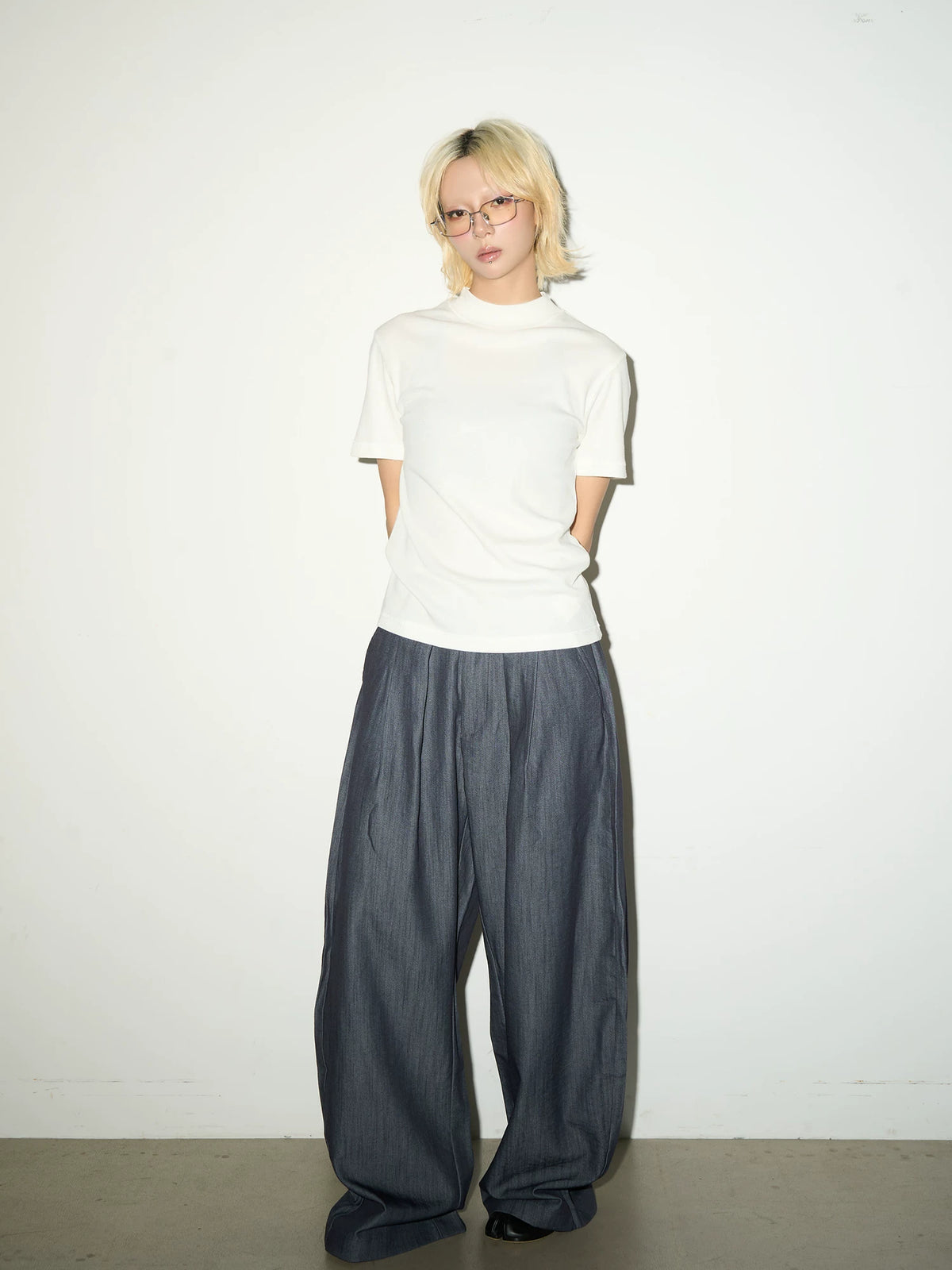 Pleats Elastic Waist Wide Leg Trousers