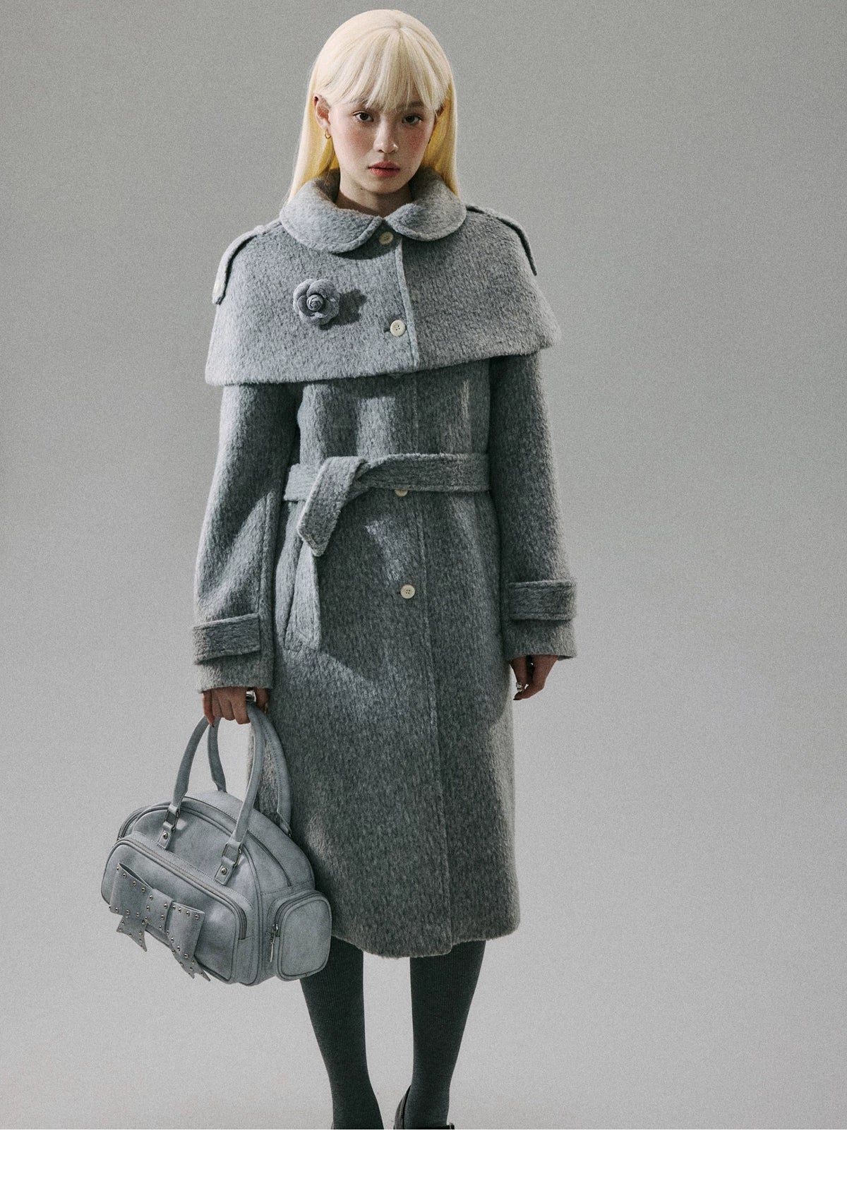 Cape Collar & Flower Detail Belted Coat