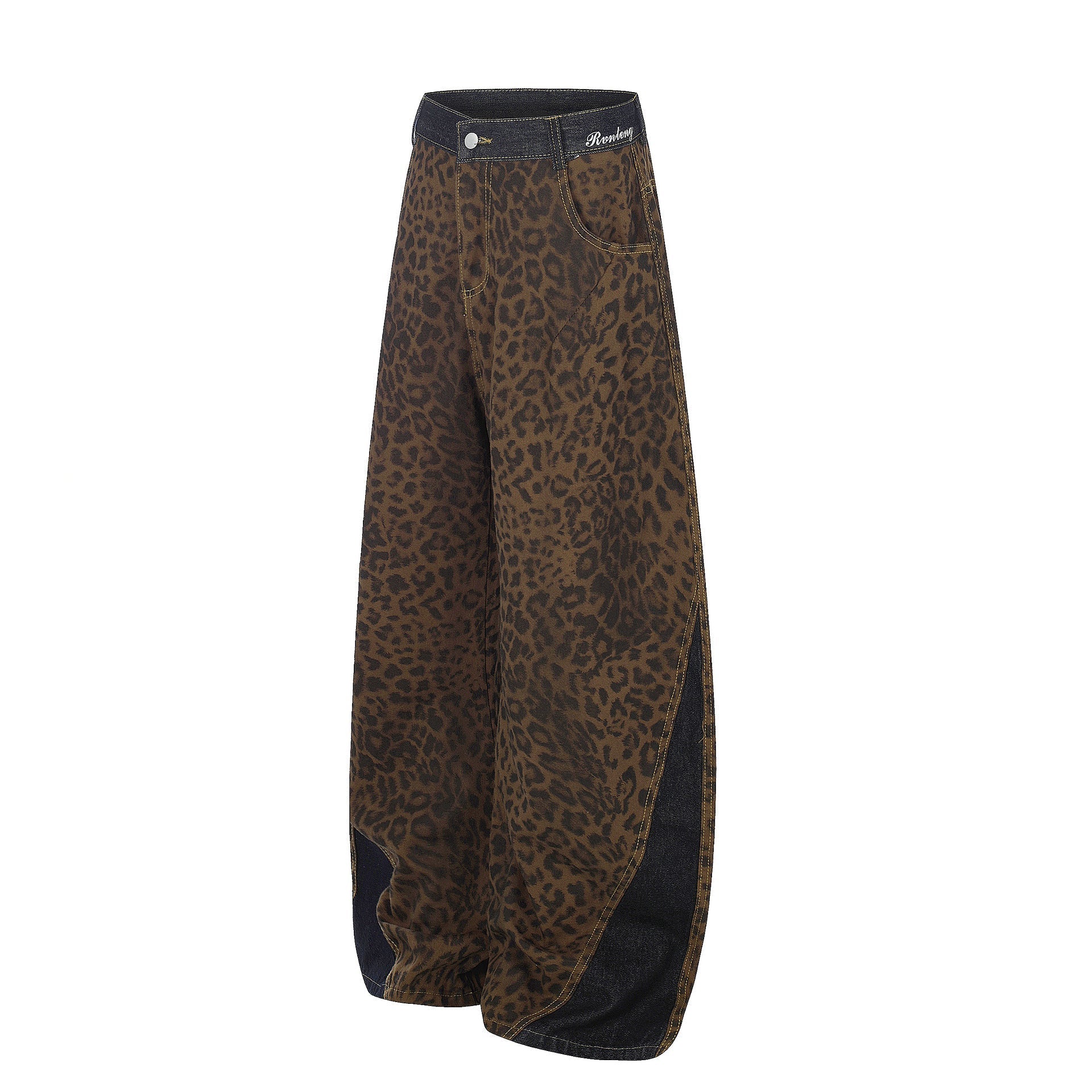 Leopard Print Curved Wide Leg Denim Jeans
