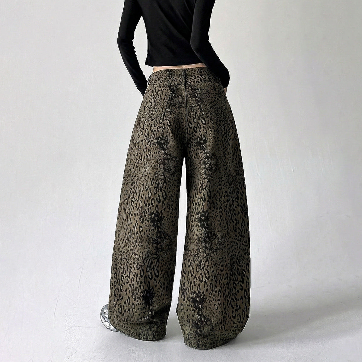 Leopard Print Curved Straight Wide Leg Denim Jeans