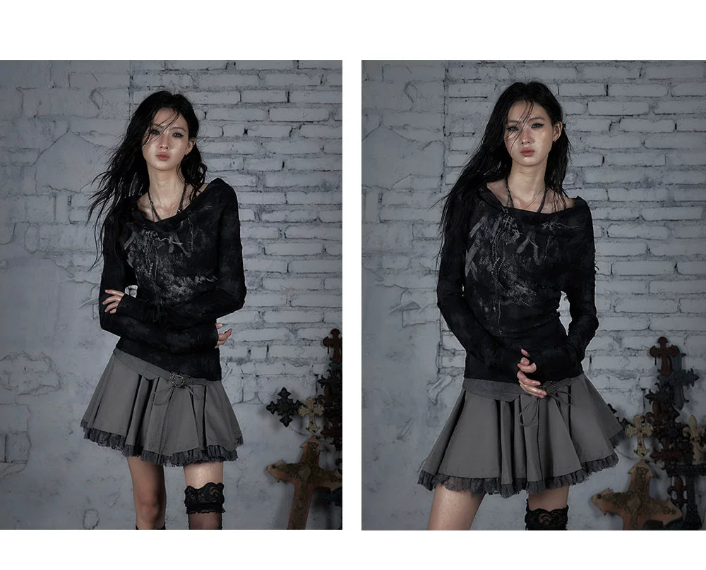 Off-Shoulder Print Slim Fit Long Sleeve T-Shirt