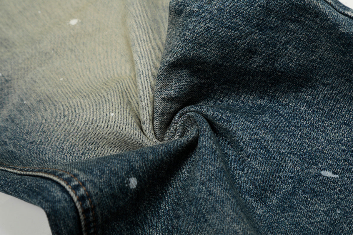 Washed Paint Splatter Curved Wide Leg Denim Jeans