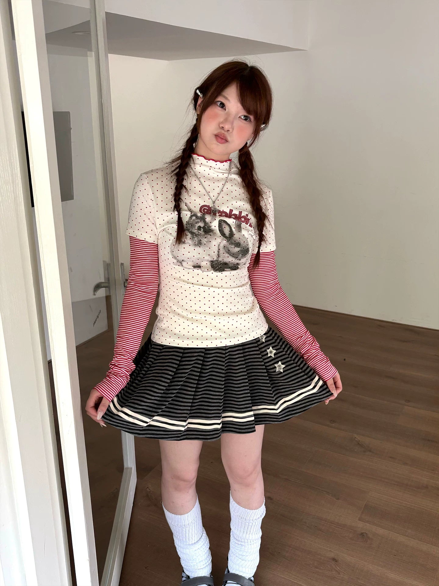Rabbit Print Patchwork High-Neck Long Sleeve T-Shirt